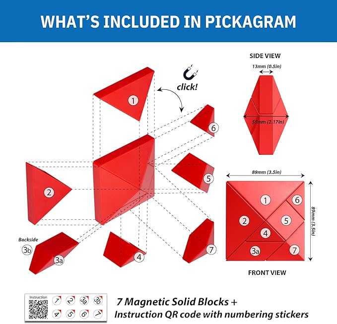 Pickagram Tangram 3D Magnetic Puzzle for Kids (8-12), Adults & Seniors | STEM Certified Fidget Puzzle - Magnetic Pattern Blocks for Cognitive Development, Creativity & Focus - Black