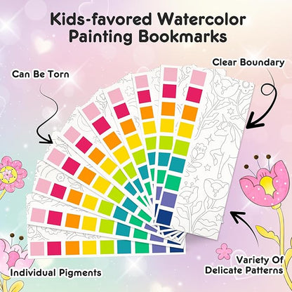 Watercolor Painting Coloring Books Pocket Watercolor Paint Bookmarks, Mess Free Paint with Water Set, Travel Class Activities Art Party Favors Exchange Birthday Gifts for Kids (Unicorn Dream)