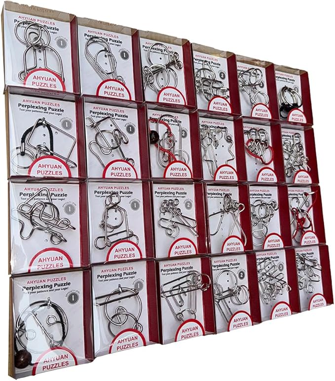 AHYUAN 24 Packs Large Metal Puzzles Brain Teaser IQ Wire Puzzles with Individual Backside Solution Paper Box Gift Package Educational Puzzle Games Toys Magic Trick Toy Party Favors for Kids Adults