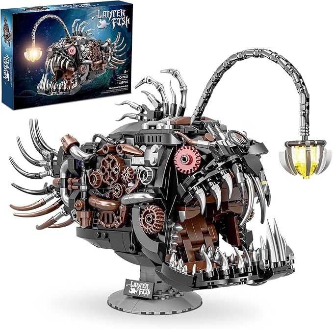 Mechanical Lantern Fish Building Sets for Adults, Compatible with Lego, Creative Ocean Animal Toy for Home Office Decor, STEM Gift for Boys 8-14