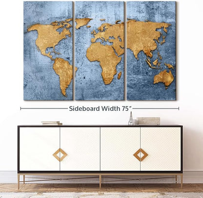 ElephantStock Azure World Map Wall Art Multi Piece Canvas - 3 Panel Wall Decor - Map of the World Art - Canvas for the Office and Home - 74" X 48"