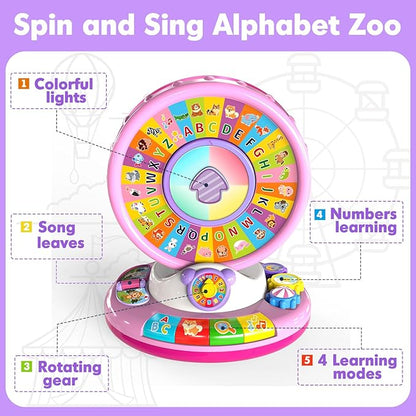 Learning Toy for 1 2 3 Year Old Girls, Spin and Sing Alphabet Zoo with Sounds, Interactive Educational Toys for Toddlers 1-3, Christmas 1st Birthday Gifts for Baby Girls Boys 9-12-18 Months