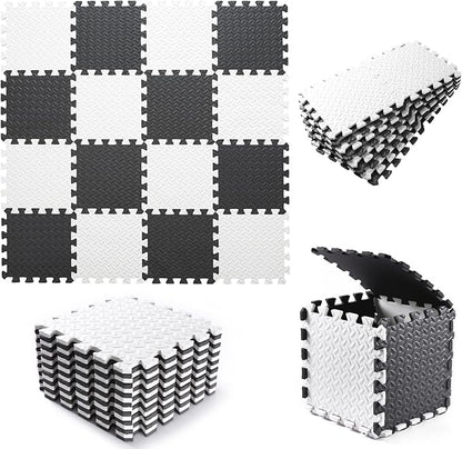 Foam Play Mat, 0.4 Inch EVA Soft Non-Toxic Baby Playmat, Interlocking Floor Mats, Solid Colored Foam Puzzled Floor Mats, Baby Play Mat Exercise Mats, 16 Tiles(White/Black)