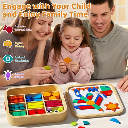 Wooden Magnetic Pattern Blocks Set with Cards, 288 PCS Montessori Tangram Puzzle Learning Toys for Toddlers 4-8, Educational STEM Gift for Kids Boys Girls 4 5 6 7 8