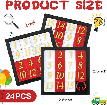 24-Piece 15 Puzzle Number Slide Puzzle Set - Brain Teaser and IQ Educational Toy for Teens and Adults, 2.6 x 2.6 Inches, Ideal for Learning Tool Party Favors