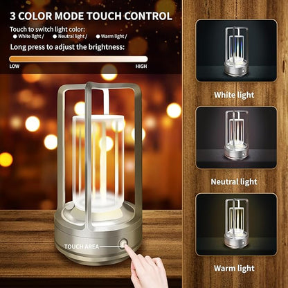 Portable Metal Table Lamp for Outdoor/ Indoor, 4000 mAh Rechargeable Cordless Table Lamp with 3 Color Stepless Dimmable, Outdoor Lanterns for Patio/ Bar/ Camping/ Party/ Outdoor Coffee Table