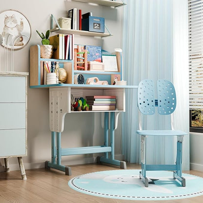 2025 NEW Kid's Study Desk and Chair Set, Ergonomic Height Adjustable Children Study Desk with Tilt Desktop, Book Stand, Light, Metal Hook and Storage Drawer,Gift for Boys Girls (Blue 70cm no lean)