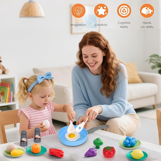 35Pcs Kids Kitchen Toy Accessories, Toddler Pretend Cooking Playset with Play Pots, Pans, Utensils, Cookware, Play Food Set, Toy Vegetables, Learning Gift for Girls & Boys (Blue)