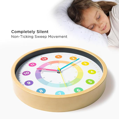 LittleHippo Learning Wall Clock for Kids for Classroom, Bedrooms, Nursery, Playroom - Kid's Analog, Silent, Non-Ticking Clock for Teaching to Tell Time, Study to Learn to Tell Time