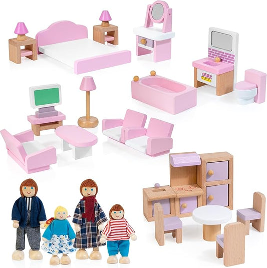 26pcs Wooden Dollhouse Furniture Set with 4 Family Dolls, Pink Dollhouse Accessories for 4 Rooms, Pretend Play Furniture Toy, Birthday Gift for Girls Boys Age 3 4 5 6 Years Old