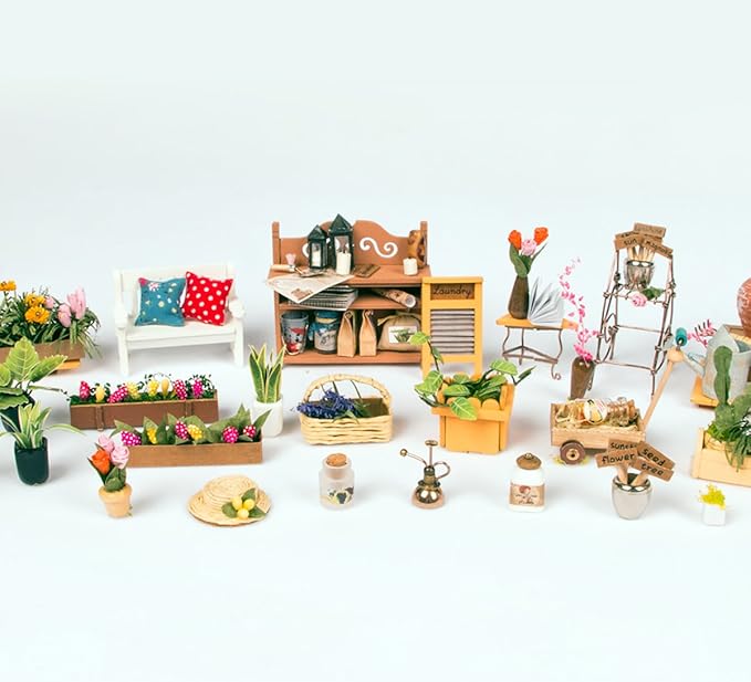 ROBOTIME DIY Miniature Dollhouse Kit Garden House with Furniture Sets Best Birthday Gifts for Adults