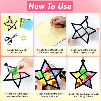 Qyeahkj 36 Set Geometric Shapes Suncatcher Crafts for Kids DIY Star Window Tissue Paper Craft Kit Triangle Heart Hanging Decor for Summer School Home Activity Art Project Birthday Party Favor Gift