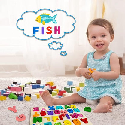 Alphabet Puzzle Wooden Puzzles for Toddlers 3 4 5 Year Old, ABC Puzzle Shape Alphabet Learning Puzzles Toys with Puzzle Board & Letter Blocks, Preschool Educational for Girls Boys