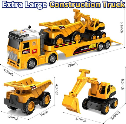 Toddler Boy Toys for Ages 3 4 5 6 7 8 Years Old, 25" Large Construction Carrier Truck Toy Excavator and Dump Truck, Friction Powered Vehicle with Lights & Sounds, Birthday Gift for Boys Girls