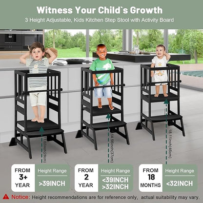 COSYLAND Toddler Standing Tower - Adjustable Height Toddler Kitchen Stool Helper - Kids Kitchen Step Stool for Learning with Removable Safety Railing Black