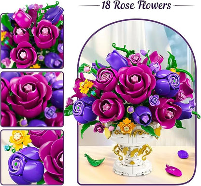 Purple Rose Flower Building Set with Vase, 969 PCS Botanicals Flowers Bouquet Building Block Kit, 18 Rose Bonsai Plant Collection Home Decor, Birthday Gift for Adults Women Boys Girls 12+