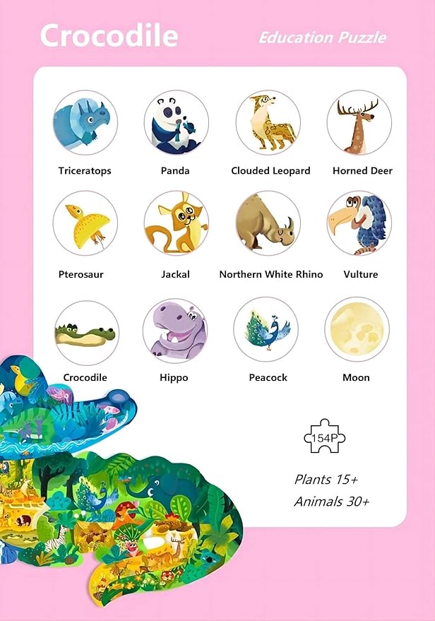 PINU Jigsaw Puzzles for Kids Ages 3-5, 6-8, 8-10, Children Colorful Fun Animal Shaped Puzzle Learning Educational Toys Gifts Games for Boys and Girls (Crocodile-154 PCS)