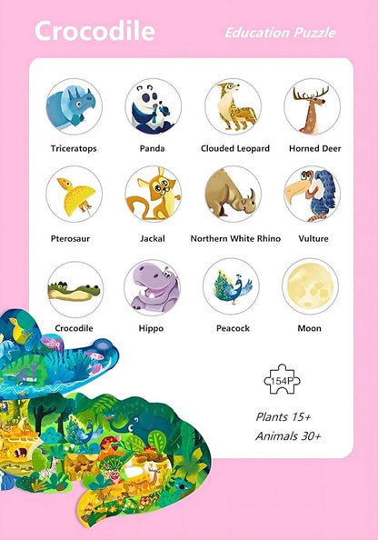PINU Jigsaw Puzzles for Kids Ages 3-5, 6-8, 8-10, Children Colorful Fun Animal Shaped Puzzle Learning Educational Toys Gifts Games for Boys and Girls (Crocodile-154 PCS)