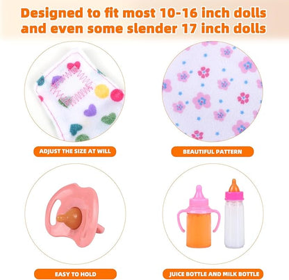 Baby Doll Accessories Set – 7 Pcs Feeding and Caring Set with Magic Disappearing Bottles, Pacifier, Diapers and Bibs Doll Pretend Play Gift for Kids