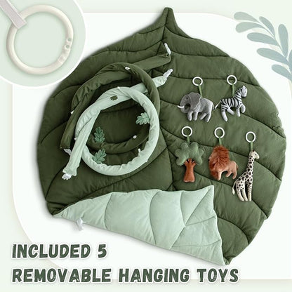 Baby Play Gym with Mat Leaf Shaped, Baby Play Mat with 6 Hanging Toys Tummy Time Mat, Baby Gym Activity Center, Washable (Green)