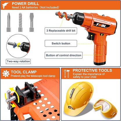 Kids Tool Bench -Toy Workbench with Electric Drill Toy Tool Accessories and Construction Vest 91pcs Toddler Tool Bench,Pretend Play Learning Toy Tool Bench for Kids Ages 3-5,4-8