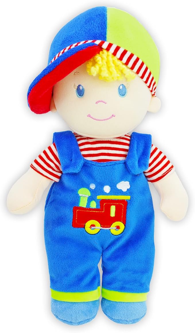 June Garden 13.5" Soft Dolly Ben - Stuffed Soft Baby Boy Doll for Birth and Up - Blue Outfit