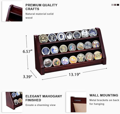 3 Rows Wooden Challenge Coin Wall Display Stand - Military Coin Holder Army Coins Rack, Holds 21-24 Coins, Mahogany