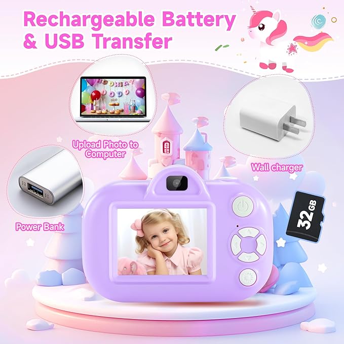 32MP Dual Lens Toddler Camera Kids Digital Camera for 3 4 5 6 7 8 9 Year Old Girl Christmas Birthday Gifts, Purple