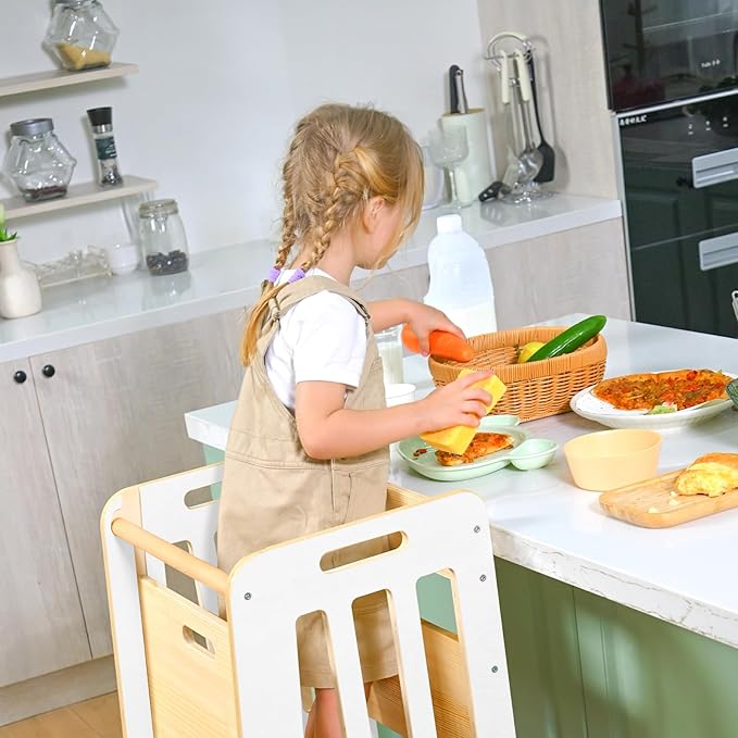 WINGYZ Toddler Kitchen Stool – Adjustable Helper Tower for Kids with Safety Rail, Wooden Standing Step-Up Stool, Sliding Door & Stable Base, White