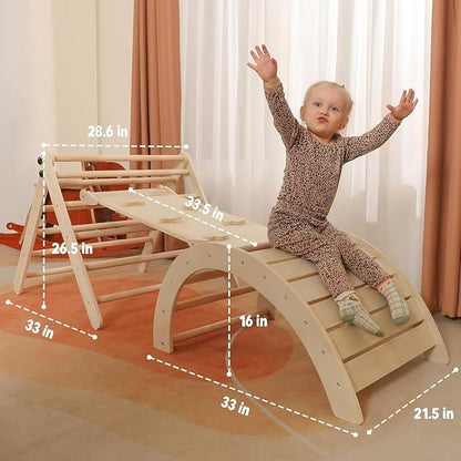 Pikler Triangle Set with Cushion Large, 5 in 1 Toddler Climbing Toys Indoor, Montessori Foldable Climbing Set for Kids, Wooden Playground Jungle Gym with Ramp, Arch and Ladder (Wooden Color)