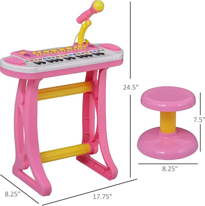 Qaba Kids Toy Keyboard Piano Toddler Electronic Instrument with Stool, Microphone and Bright Flashlight for Children Birth Gift, Pink