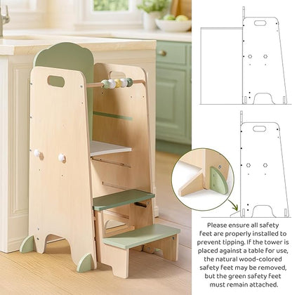 ROBUD Toddler Tower Adjustable Kitchen Stool Helper with Chalkboard, Hooks and Anti-Tip Design, Movable Kids Step Stool with Cute Safety Rail, Montessori Activity, Morandi Green