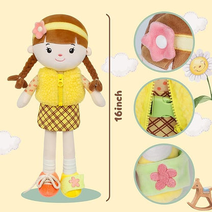 Soft Baby Doll Toys (16'') Educational Plush Doll for Girls Birthday Cuddly Plush Toys for Toddler Kids (Yellow)