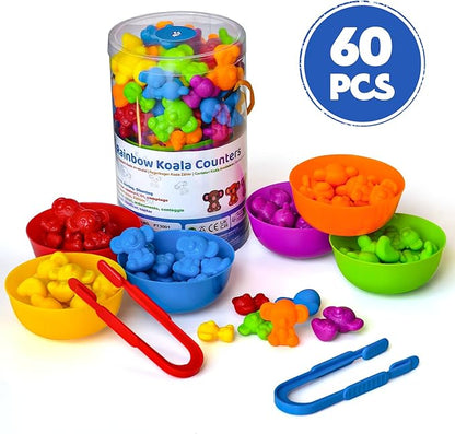Counting Toys for Toddlers, 60 Rainbow Koala Counters w/Sorting Bowls, Color Sorting, Counting & Math Manipulatives, Preschool Homeschool & Classroom Early Learning Supplies