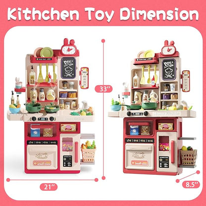 Kids Kitchen Playset Set, 63PCS Pretend Play Kitchen Toys for Toddlers, Cooking Stove with Steam Sound Light, Play Sink with Manual Faucet, Play Food Accessories Gift for Girls, 33’’H Red