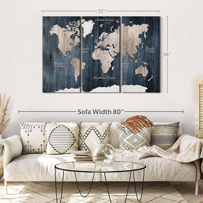ElephantStock Aged Blue World Map I Canvas - 3 Panel Wall Decor - World Map Digital Art - Blue Wall Art - 57" X 36"