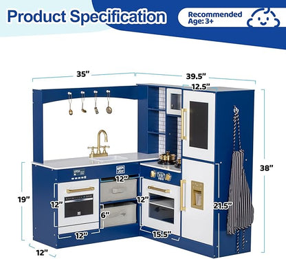 Corner Play Kitchen for Kids, Wooden Toddler Kitchen Playset w/Faucet, Sink, Microwave, Oven, Apron, Blackboard, Cabinets, Pretend Cooking Toys w/Sound & Light Gift for Ages 3+ (Blue)