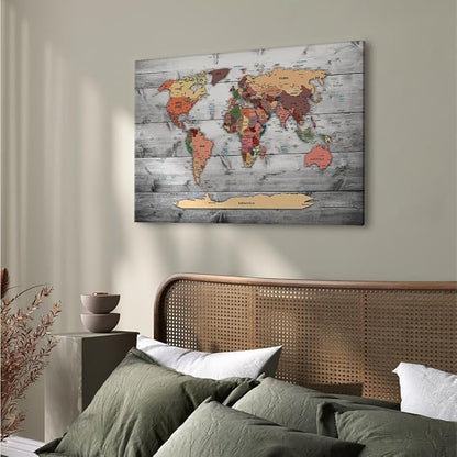 artgeist Canvas Wall Art Print World Map 35x24 in - 1pcs Home Decor Framed Stretched Picture Photo Painting Artwork Image World Travel Map Wood k-B-0009-b-c