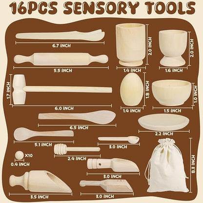 Hiawbon 25PCS Wooden Sensory Bin Tools, Wooden Tool Set, Sensory Bin Filler with Storage Bag, Bin Scoops Roller Tweezers Tongs Cups for Counting Sorting Hammering Pounding