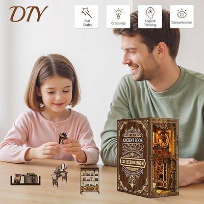 Book Nook Kit - DIY Enchanted Cottage Miniature House for Adults & Teens, 3D Wooden Puzzle Booknook with LED Lights, Bookshelf Insert Decor & Creative Model Building（Antique Books Collection Room）
