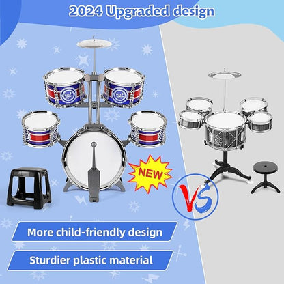 Kids Drum Set, Drum Set for Toddlers with Stool Upgraded Plastic Rock Jazz Drum Kit Musical Instruments Toys Gifts for 1 3 5 7 9 12 Years Boys Girls