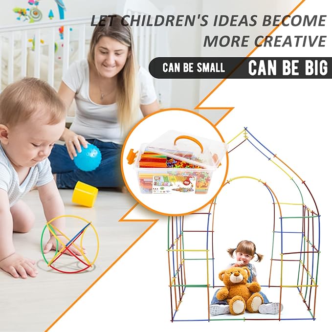 Straw Constructor Toys STEM Building 600Pcs Toy Interlocking Plastic Engineering Thin Tube Blocks Educational Kit for 3 4 5 6 7years Kids Boys and Girls Gift