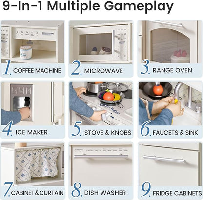 Tiny Land Play Kitchen for Kids, Upgraded Wooden Kitchen Toy with Complete Play Areas, Pretend Cooking Set with Sink, Stove, Microwave, Toy Coffee Station & Storage for Kids Ages 3+