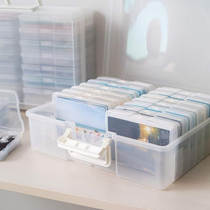 IRIS USA 4" x 6" Photo Storage Box Craft Keeper, Transparent Handle Container with 16 Organization Holder Cases for Pictures, Tasks, Scrapbooking, Stationery Storage, Clear