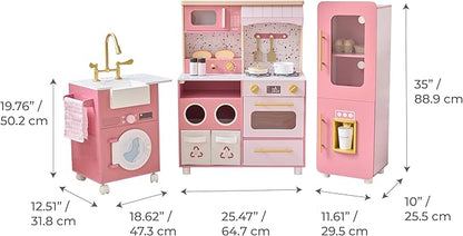 Teamson Little Chef Savannah Wooden Montessori Pretend Play Kitchen for Toddlers Kids Ages 3+ Modular Three-Piece Set with Sink Cart Stove & Fridge for Boys and Girls Playset – Pink