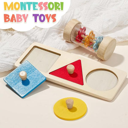 Toyssa Wooden Montessori Toys for Babies 6-12 months with Rainbow Color and Mirror Spinning Drum/Baby Shape puzzle 6-12 months/Sensory Toys Rain Rattle, Montessori Toys Gifts for Toddlers 1 Years Old