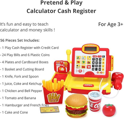 FS Pretend Play Cash Register Toy with True Barcode Scanner & Calculator, Microphone, Play Food, Supermarket Cashier, Great Pre-School Gift Cash Register for Kids Boys & Girls, Ages 3 4 5 6 8