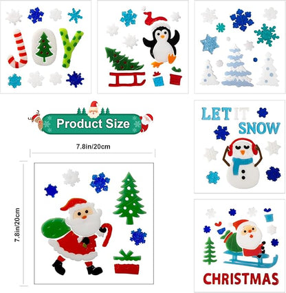Christmas Window Clings Gel - 6 Sheets of Snowman, Blue Snowflakes, Penguin and Santa Claus, Winter & Holiday Designs for Glass Windows
