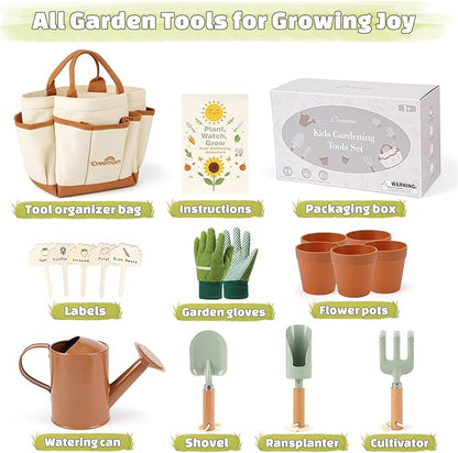 Dreamon Gardening Set Toys for Kids, Quality Garden Tool Kit Includes Tote Bag, Gloves, Shovel, Rake, Cultivator, Watering Can, STEM Learning Outdoor Gifts for Kids Toddlers