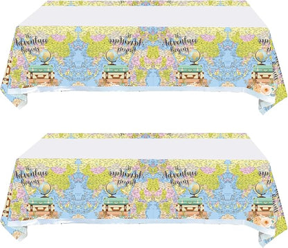 2 Pcs Adventure World Awaits Tablecloth, The Adventure Begin Birthday Party Supplies Decorations–Adventure Party Table Cover (70.9" x 42.5")